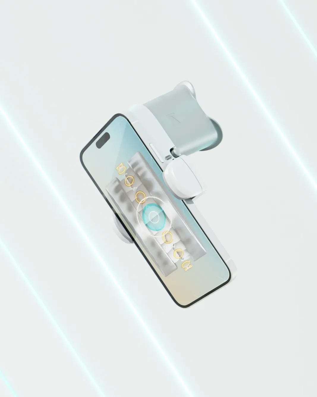 The DentalMonitoring ScanBox Pro clipped to a smartphone, showing a scan of the teeth