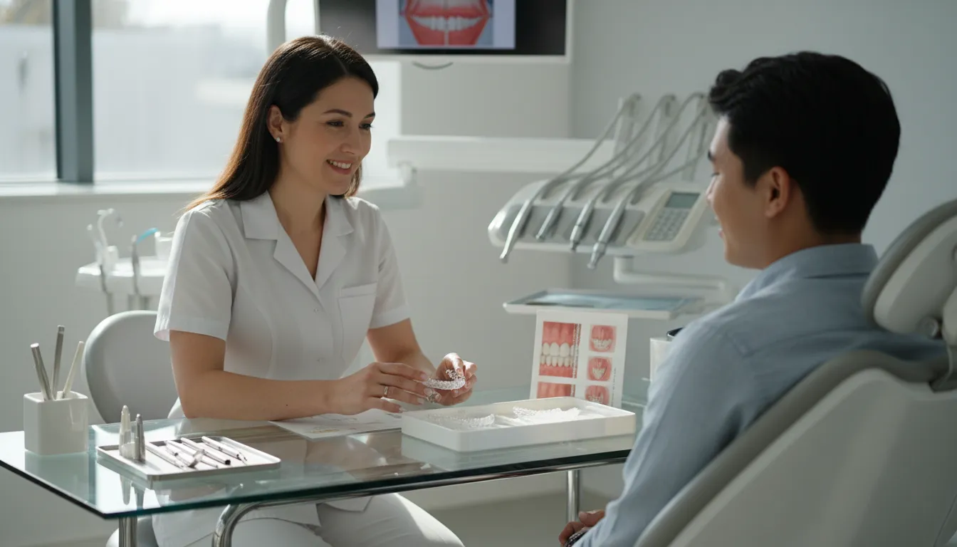 Dental consultation discussing Invisalign cost with clear aligners displayed on medical tray in modern clinic