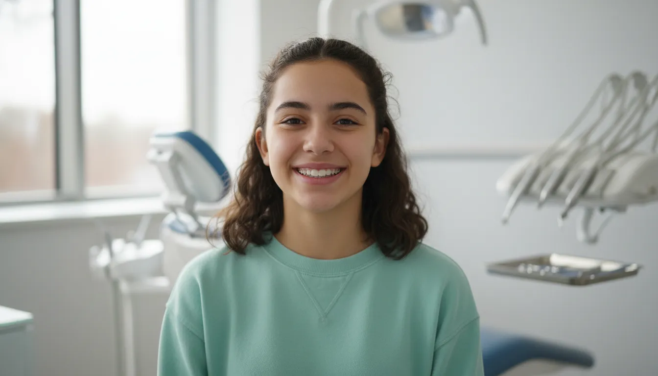 Smiling teenage girl wearing Invisalign Teen clear aligners in a modern dental office, demonstrating the discreet appearance of the orthodontic treatment