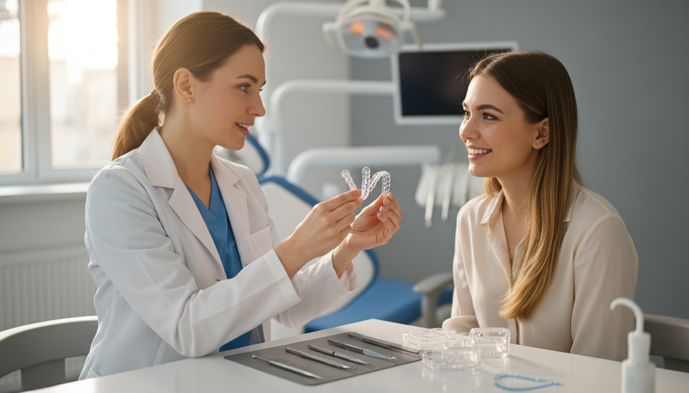 Dentist showing Invisalign clear aligners to a patient during consultation to help find Invisalign near me