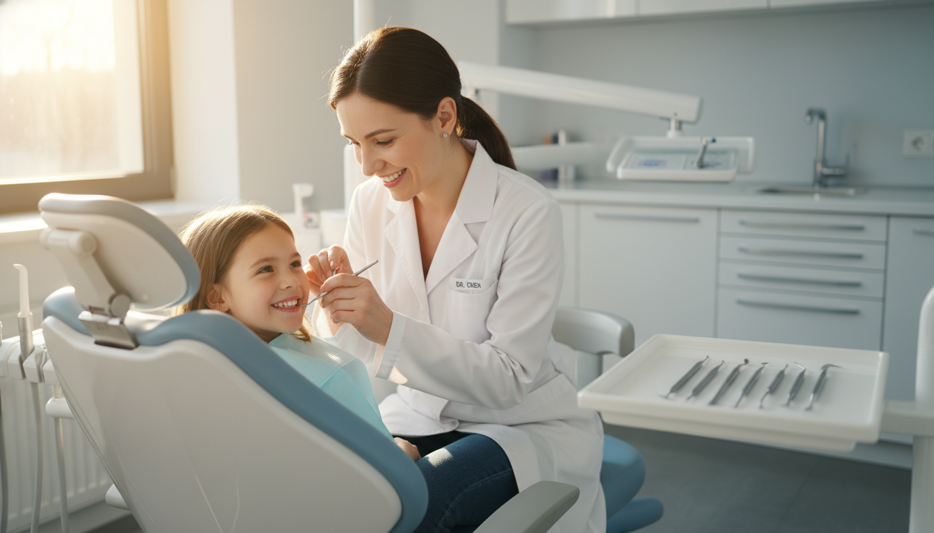 Young child receiving a gentle orthodontic examination from a friendly dentist in a modern clinic, demonstrating orthodontics for kids in a welcoming environment