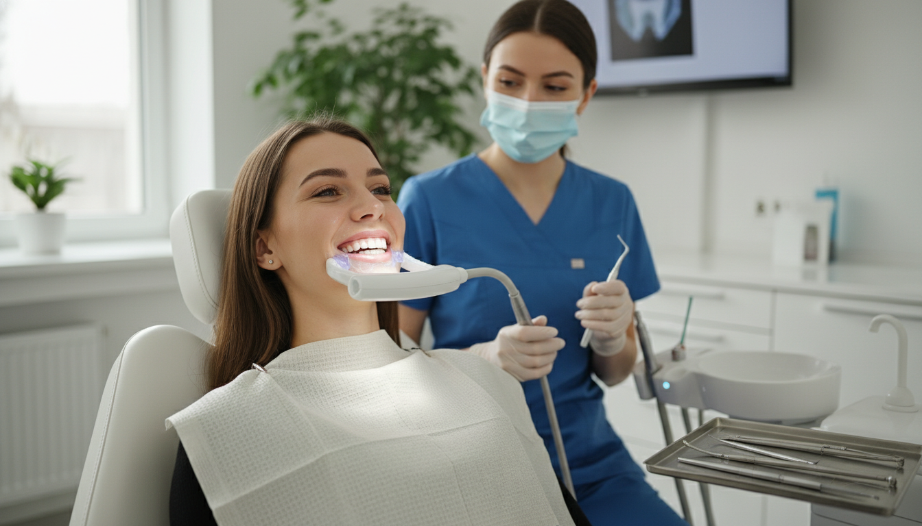 Patient receiving professional teeth whitening treatment in a modern dental clinic, showing the safe and comfortable environment of professional dental care