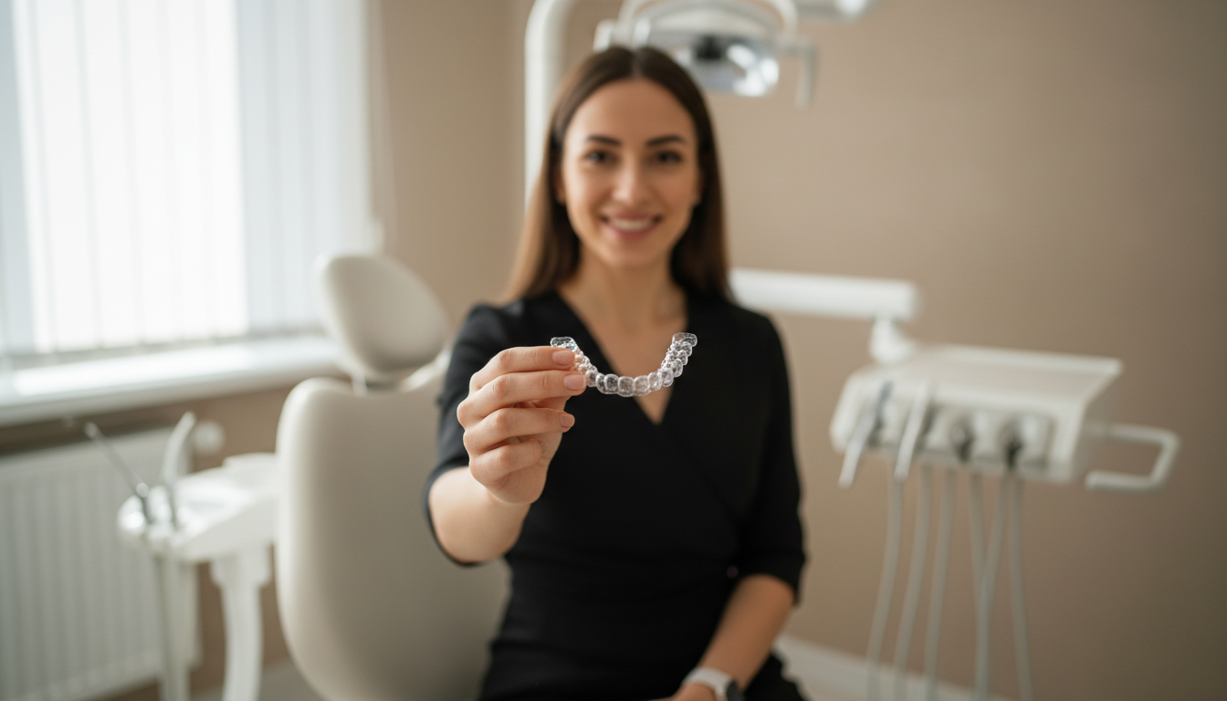Woman holding clear Spark aligners in a modern dental office, demonstrating the transparent material used in this clear aligner treatment alternative to traditional braces